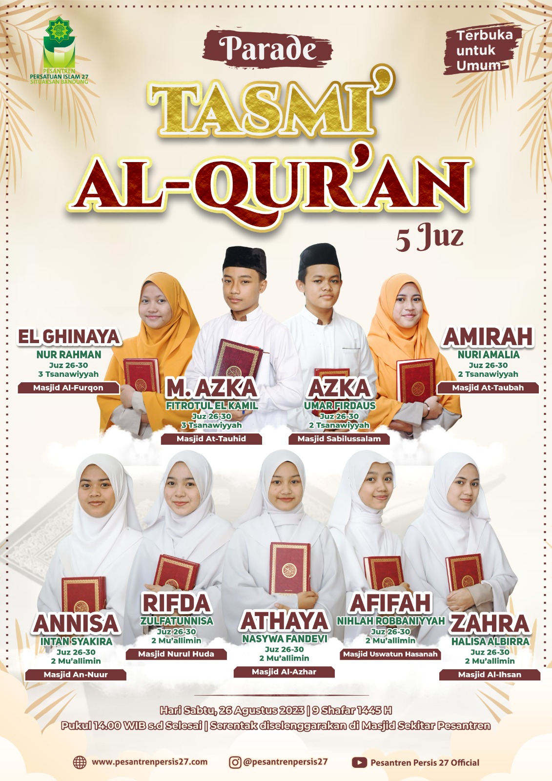 Parade Tasmi al-Quran 5 Juz Santri Pesantren Persis 27 Situaksan Bandung (26/08/23)