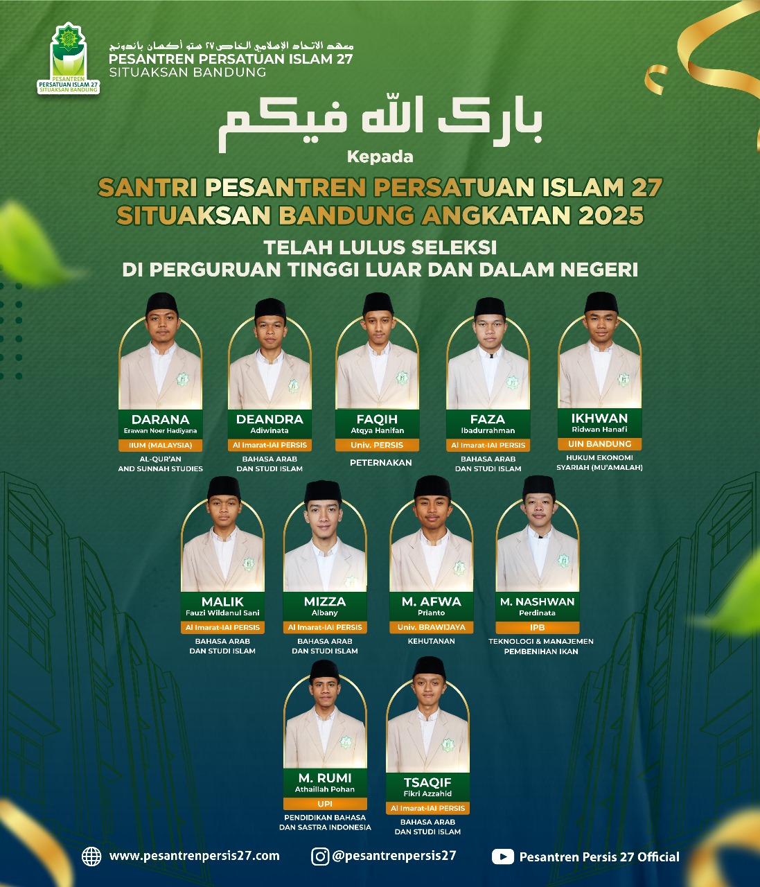 Santri Pesantren persis 27 situaksan telah lulus seleksi perguruan tinggi luar dan dalam negeri