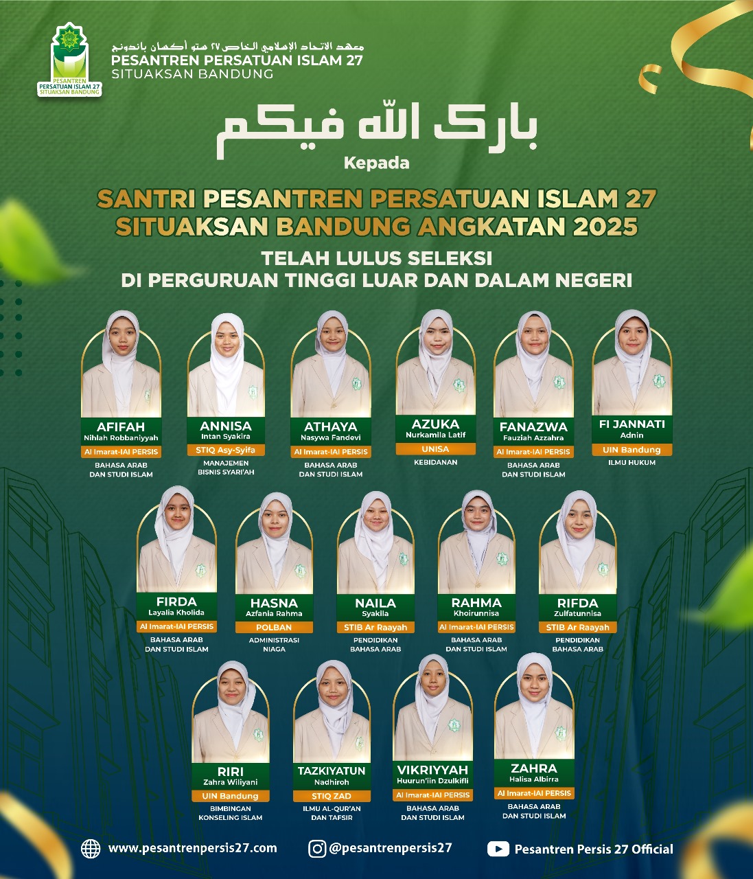 Santri Pesantren persis 27 situaksan telah lulus seleksi perguruan tinggi luar dan dalam negeri